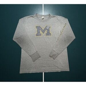 Vintage Michigan Wolverines Long Sleeve T Shirt Mens Medium Faded Gray Blue Flaw